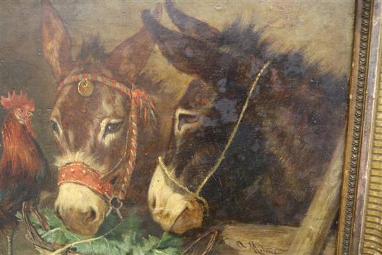 Antonio Milone (1834-1919), oil on panel, cockerel and donkey study, 19 x 29cm